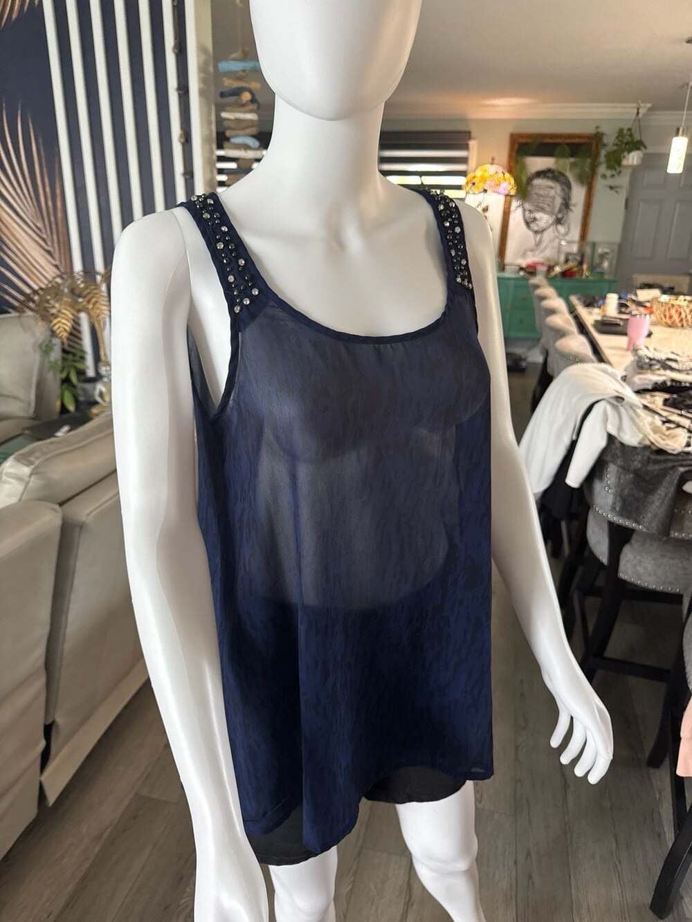 Mahila Anthropologie Beaded Sheer Tank Top Navy Blue Animal Print